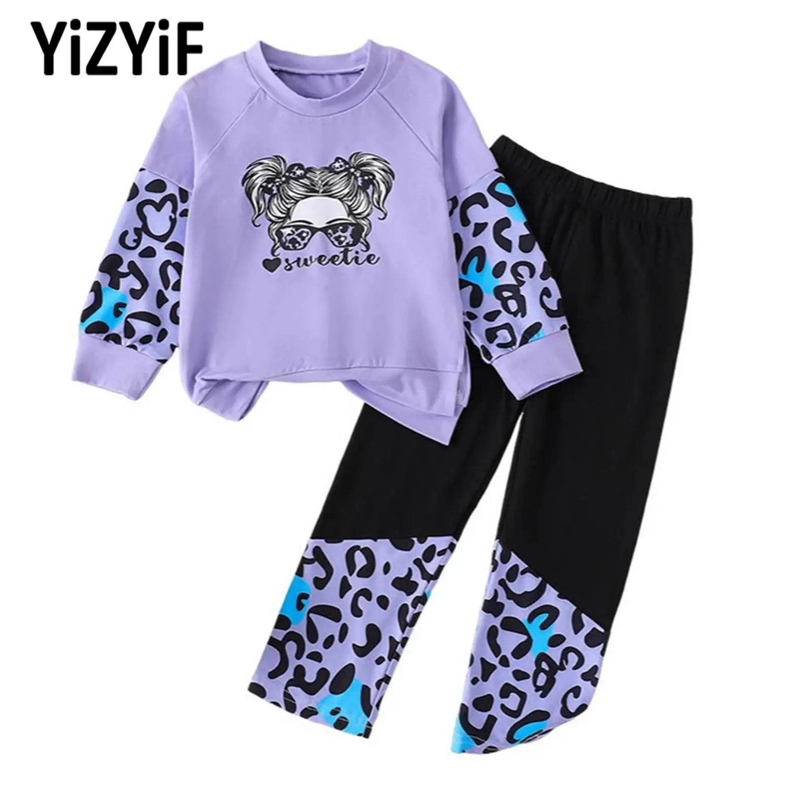 

3-10Y Kids Girl 2-Piece Leopard Print Sports Outfit Long Sleeve Side Slit Pullover Sweatshirt with Pants for Daily Exercise Park