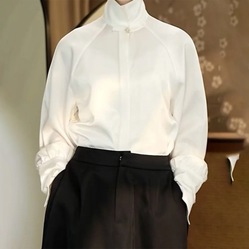 Design sense light luxury simple fashion stand-up collar shirt 2026 spring new new Chinese style temperament thin shirt