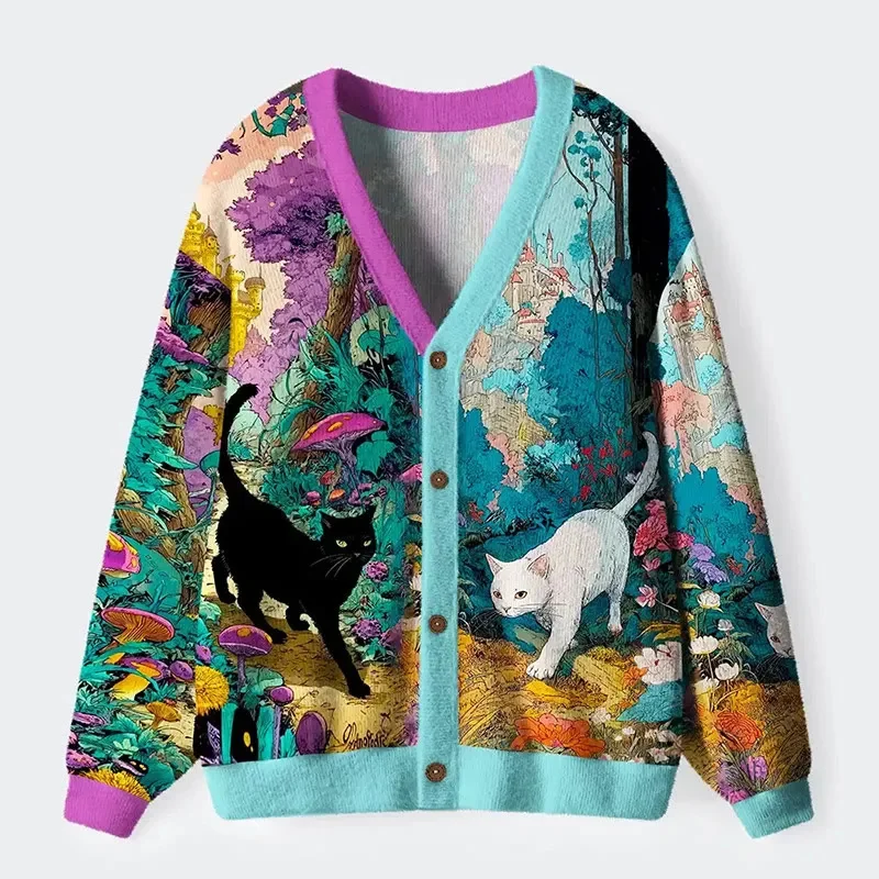 Magic Forest Cat Pattern Long Sleeved Cardigan Sweater for Women And Men Casual Comfortable Knitted Outerwear