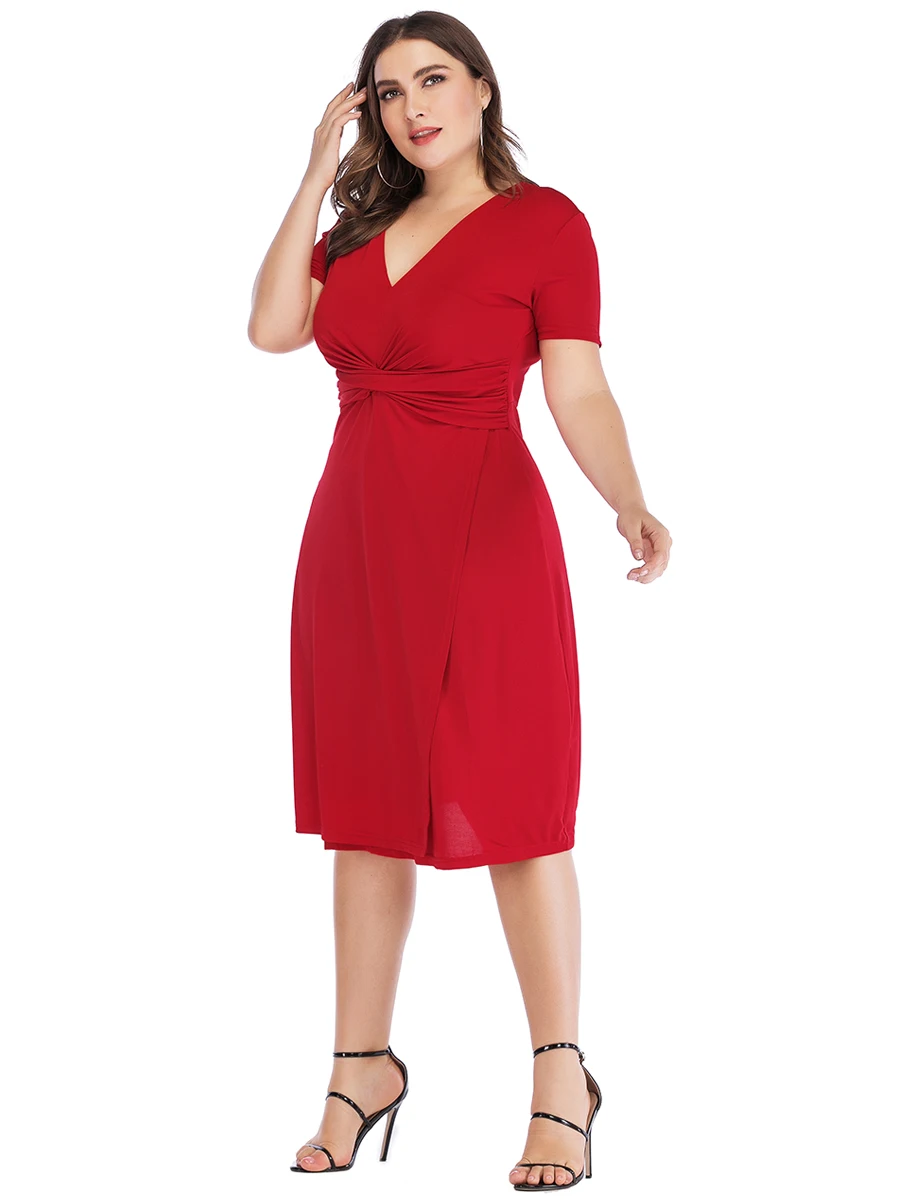 Plus Size Dress Woman Summer V Neck Short Sleeve Solid Casual Dress High Waist Red Midi Dress Curvy Size Odzież damska