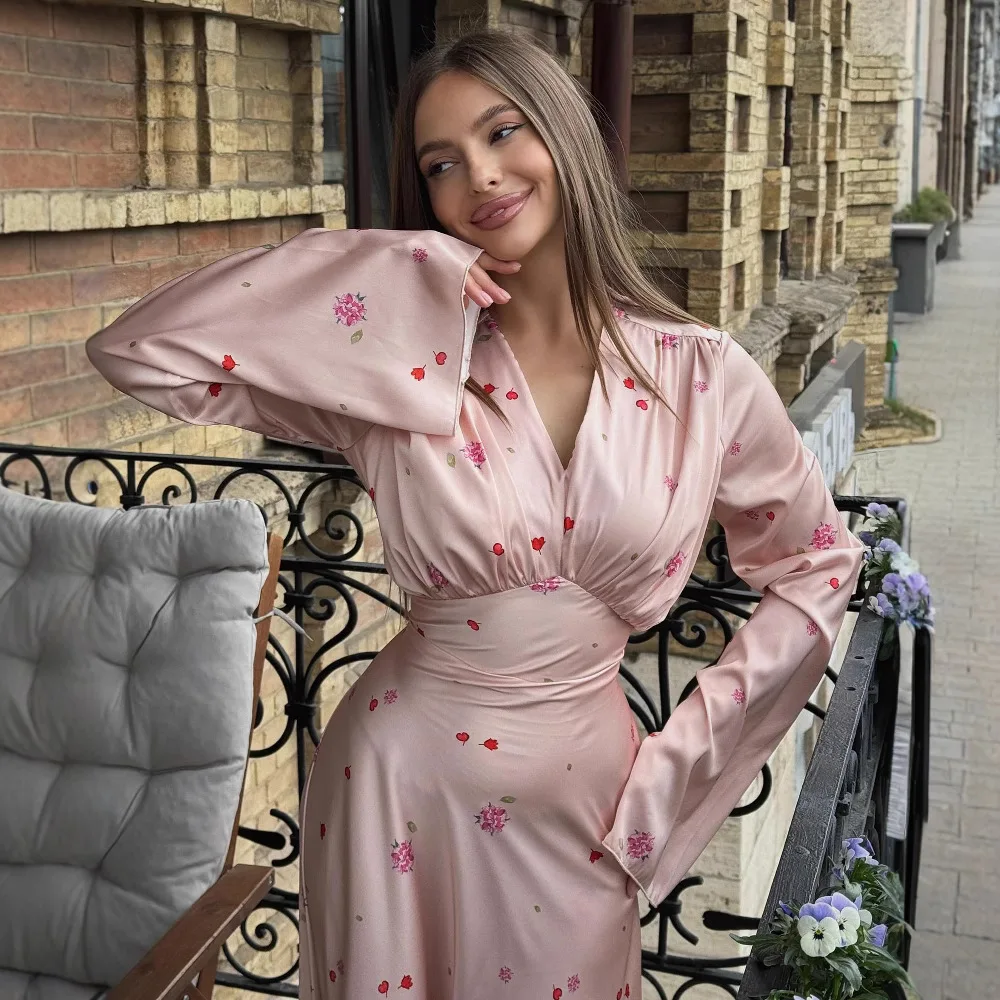 Ele V-Ne cetim estampa maxi Dr cintura ajustável tecido de poliéster tricotado saia evasê longa Sve Neutral Sle