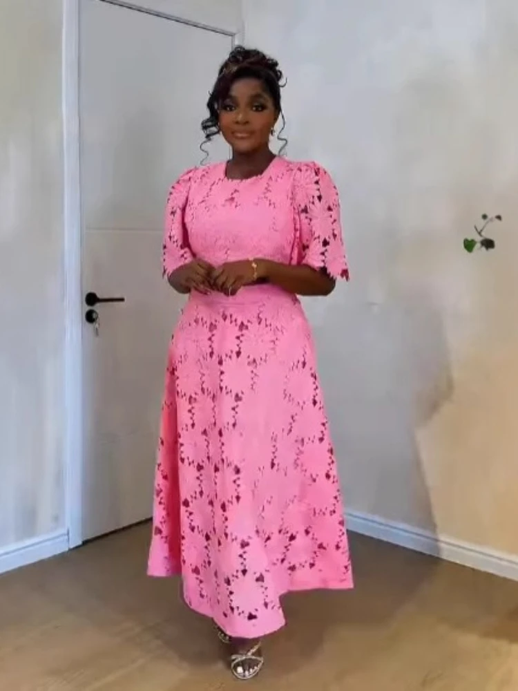 

New Summer Round Neck Half Sleeve Short Top A-line Long Dress Two Piece Set Hook Flower Hollow Design Fashionable Casual Set