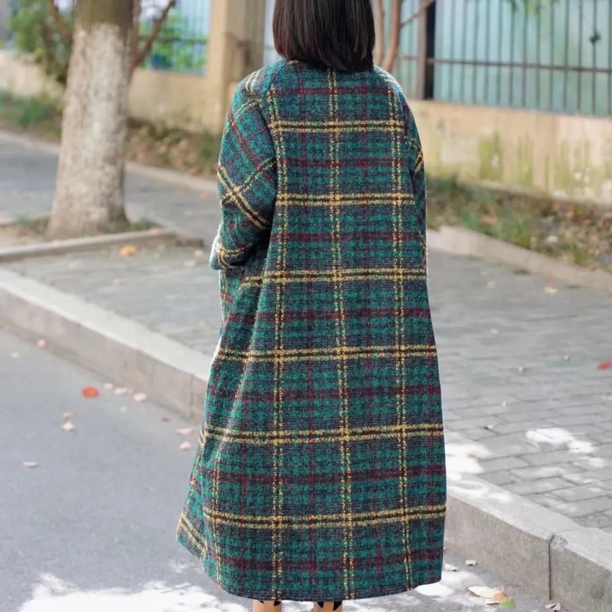 Vintage Plaid Woolen Jacket Women\'s Clothing 2023 Autumn/Winter New Korean Loose Thicken Long Coats Casual Female Plaid Overcoat