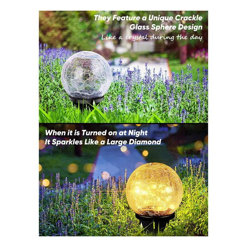 4 PCS Garden Solar Ball Lights LED Cracked Glass Globe Solar Power Ground Lights As Shown For Path Yard Patio Lawn