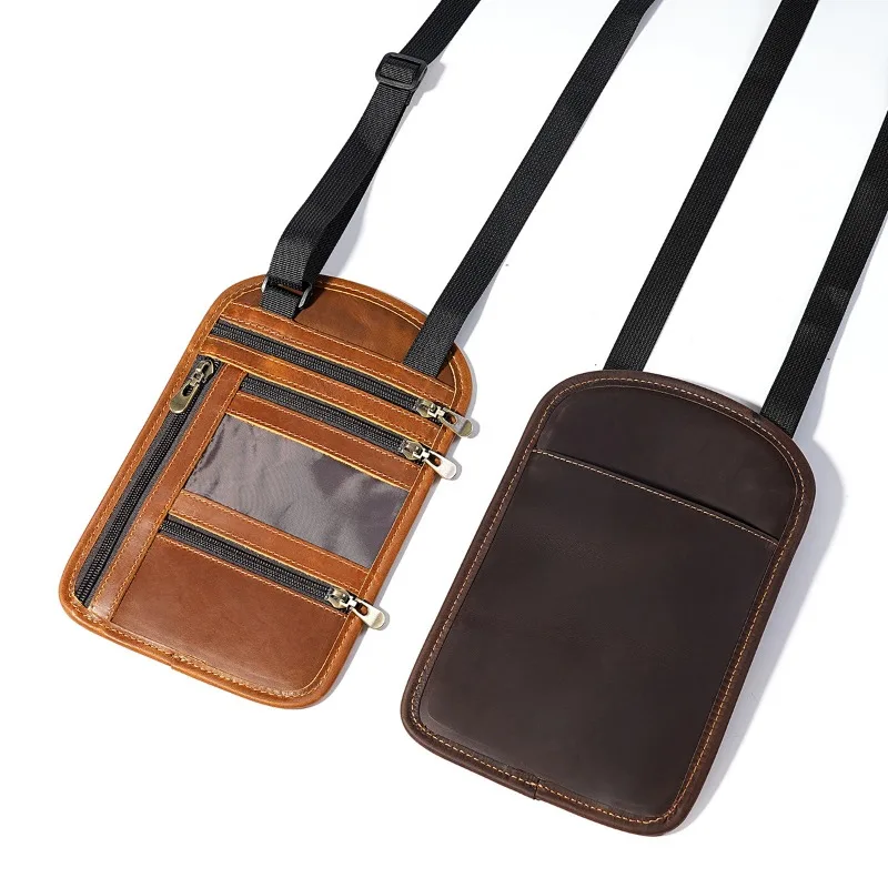 Cow Leather Neck Hanging Travel Passport Holder with Adjustable Neck Strap ,Multi-Pocket Wallet for Passport, Ticket, Card, Cash