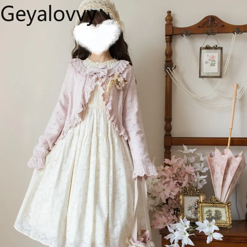 

Japanese Lolita Sweet Girl Bow Sweater Long Sleeve Cardigan Spring Autumn New Versatile Solid Color Retro Short Knitted Cardigan