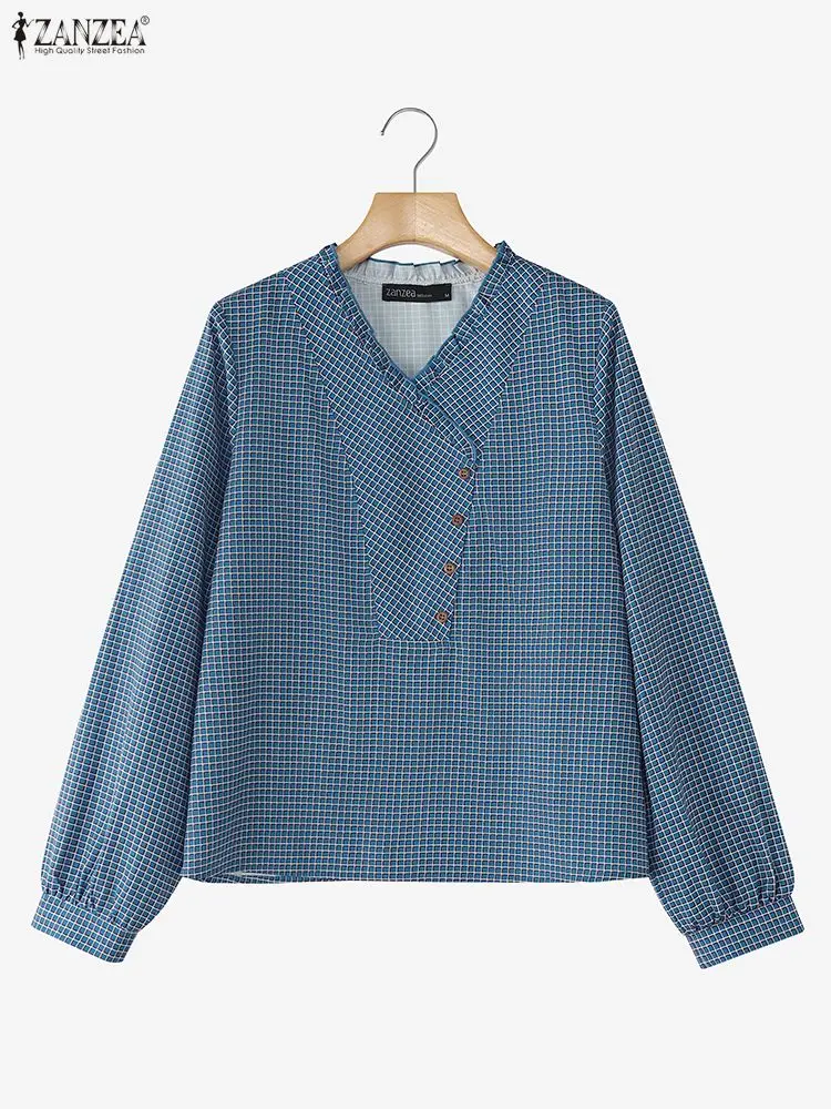 Zanzea blusas femininas xadrez primavera 2026 casual manga longa babados com decote em v meio botões guingão topos vintage verificado roupas femininas