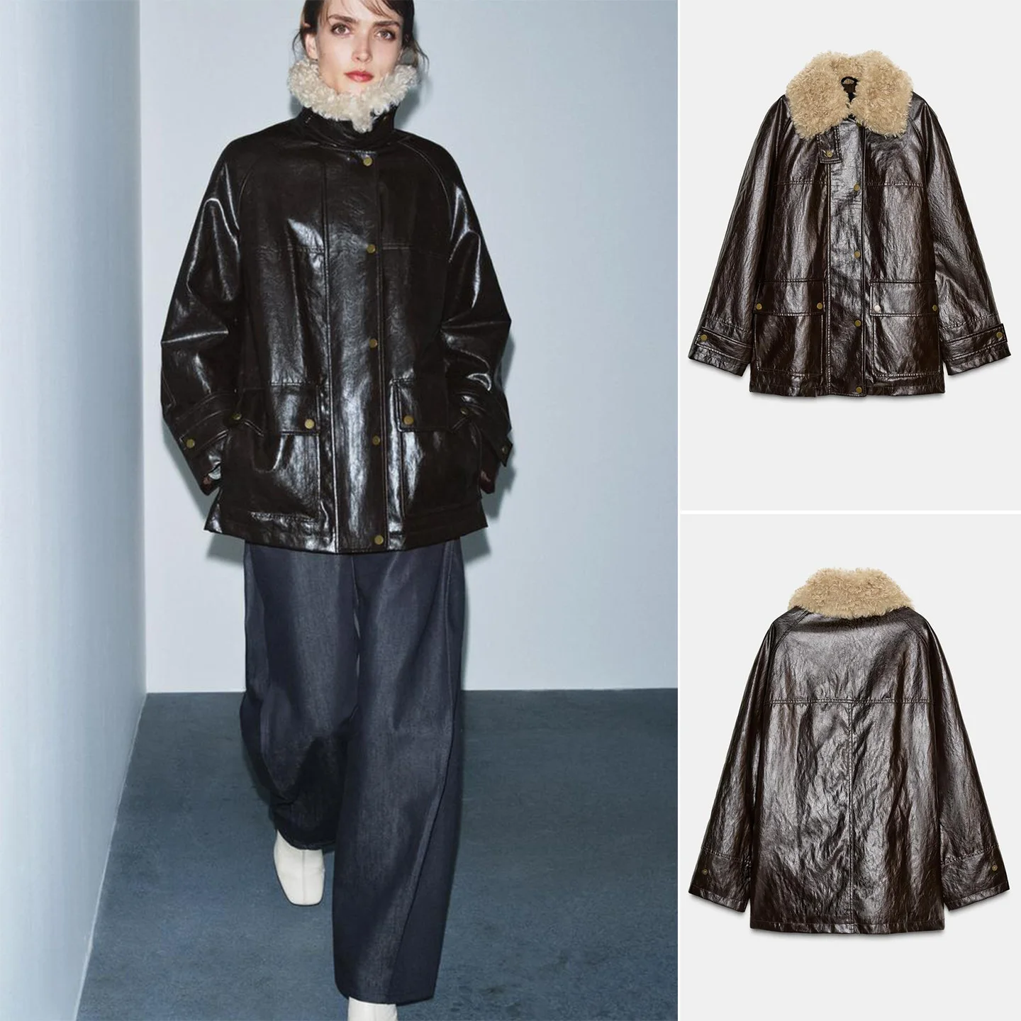 Nuevo abrigo largo de invierno con cuello Sve para mujer con efecto de piel Artificial desmontable Neline informal holgado de cuero de poliéster