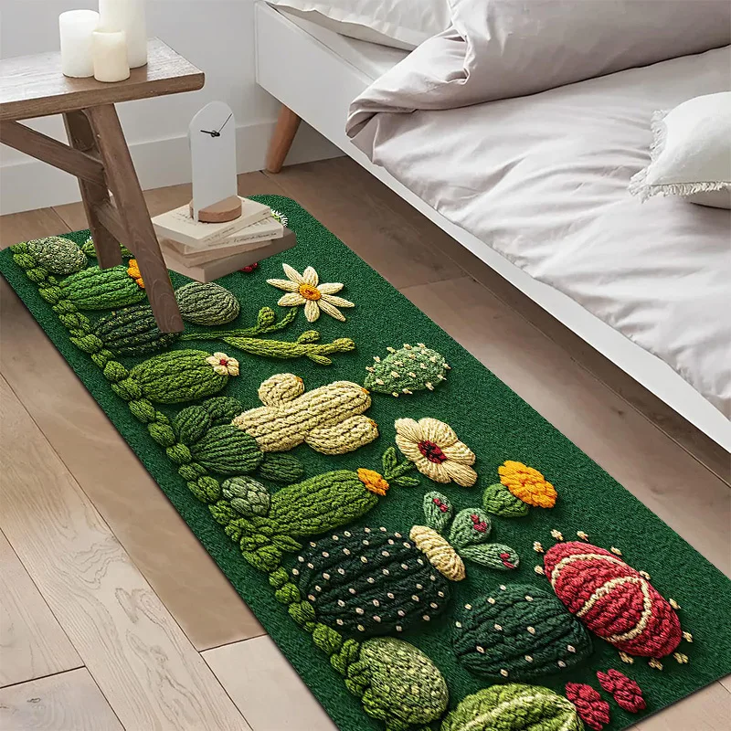 Crochet Cactus Floral Runner Rug, Green Flannel Floor Mat, Non-Slip Washable Soft Carpet for Kitchen Hallway RV Decor, 1PC