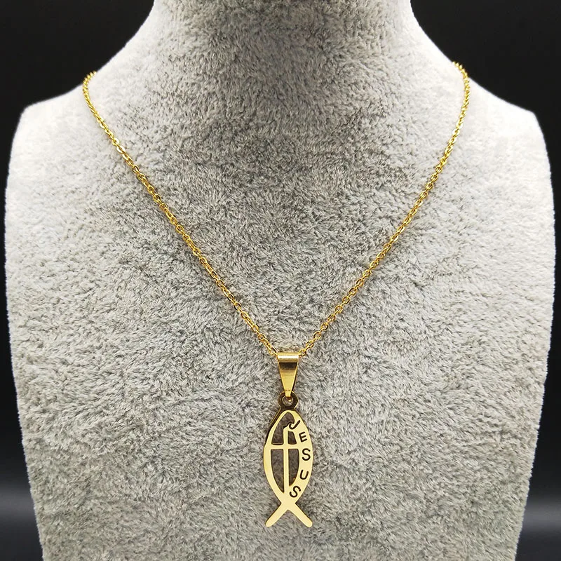 Christian Fish JESUS Cross Stainless Steel Pendant Necklacese for Men Women Gold Color Chain Jewelry collar de pez jesus N1482