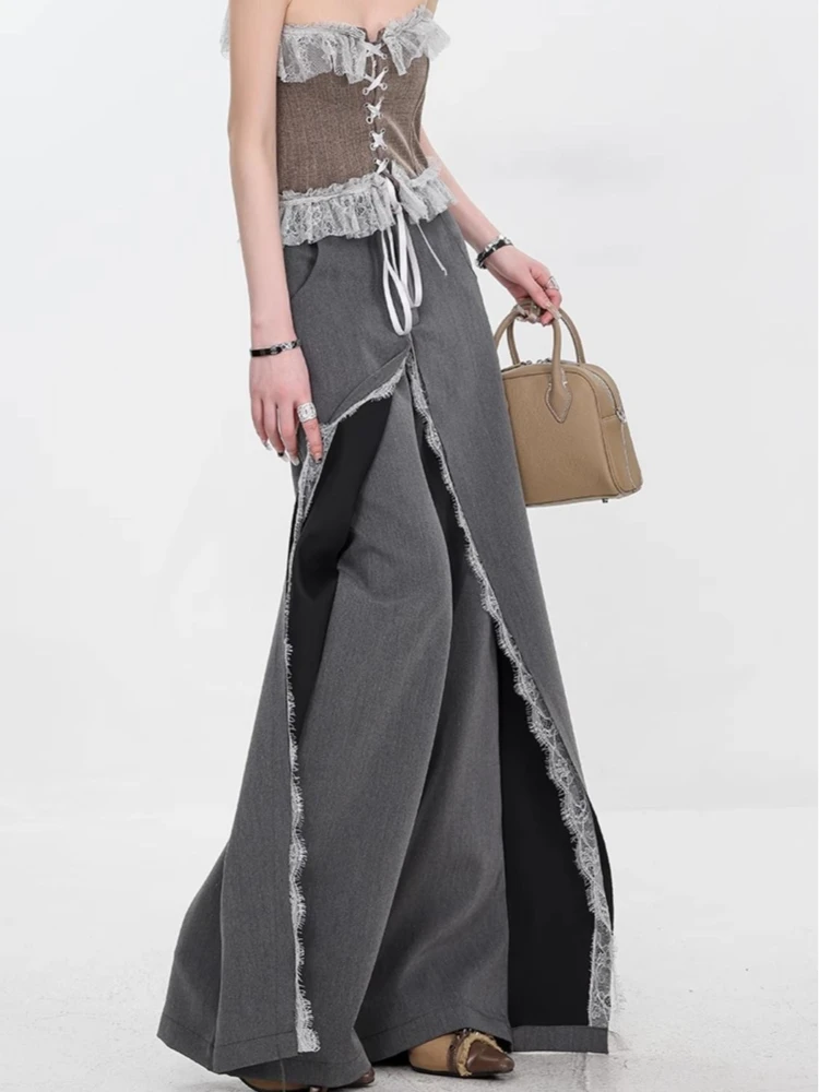 Japanese Y2K hot girl retro gray lace patchwork suit pants autumn loose casual wide leg pants long pants millennium style