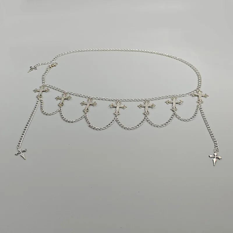 الفاخرة مصمم المرأة واسط حزام على شكل سلسلة الإناث الصليب مع حجر الراين القوطية اكسسوارات الشرير شرابة حزام فستان حزام البنطال الجينز