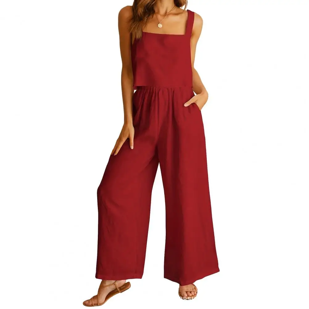 Women Vest Pants Suit Women's Square Neck Vest Wide Leg Pants Set for Wear Loose Top with High Elastic Waist Trousers 2 Pcs