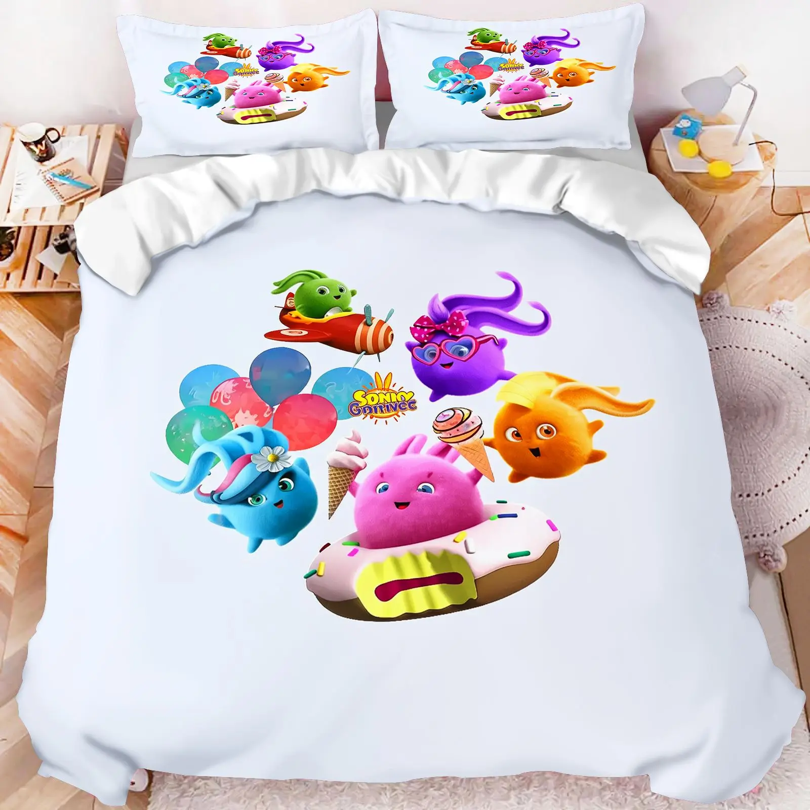 Sunny Bunnies Cartoon Bedding Set Rainbow Print Duvet Cover Pillowcase Cute Rabbit Bed Linen For Kids Bedroom No Quilt
