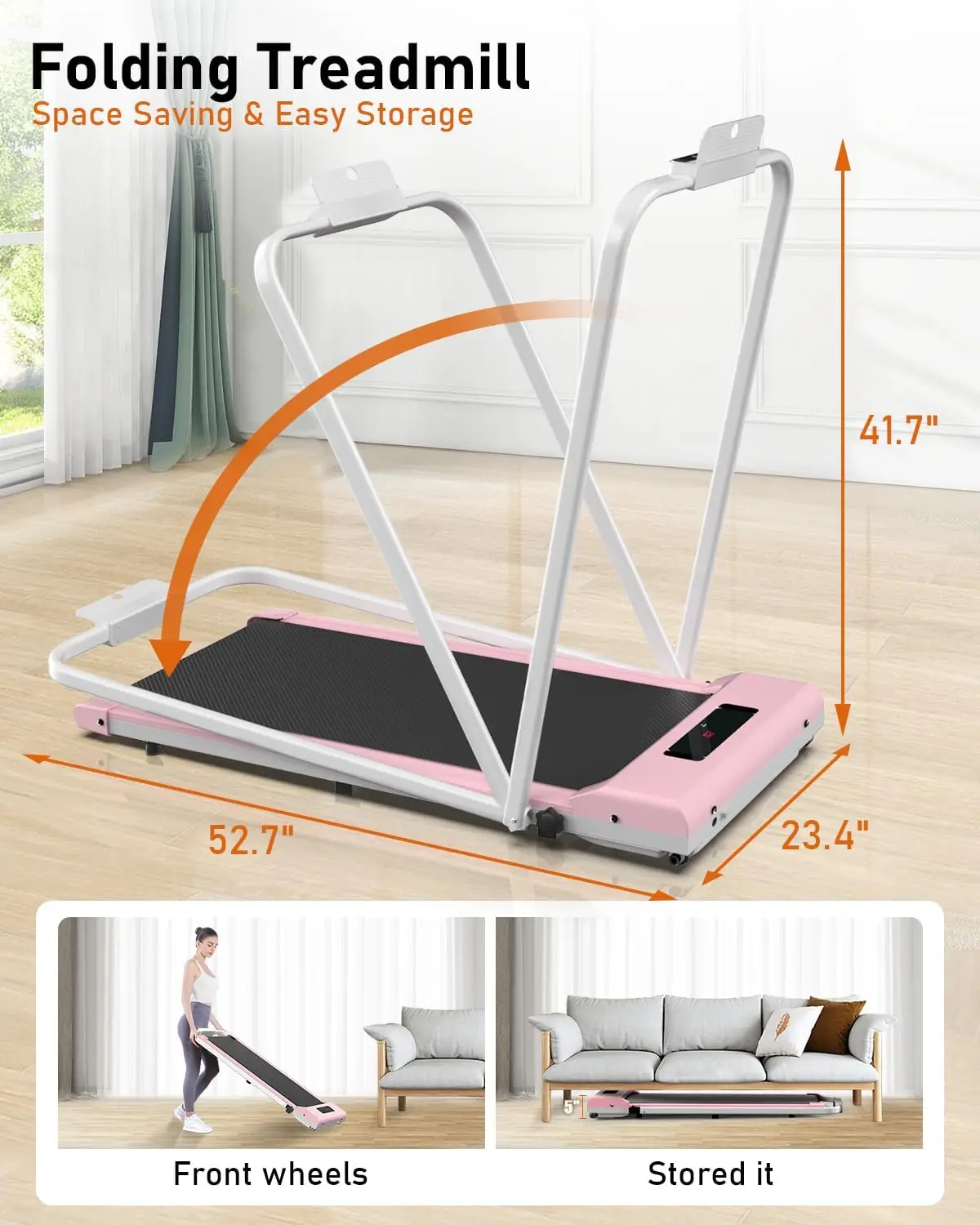 Almohadilla para caminar plegable con barra de asa, cinta de correr de 6,2 MPH para el hogar, potente de 2,5 HP, capacidad de 300 lb, pantalla LCD, rosa