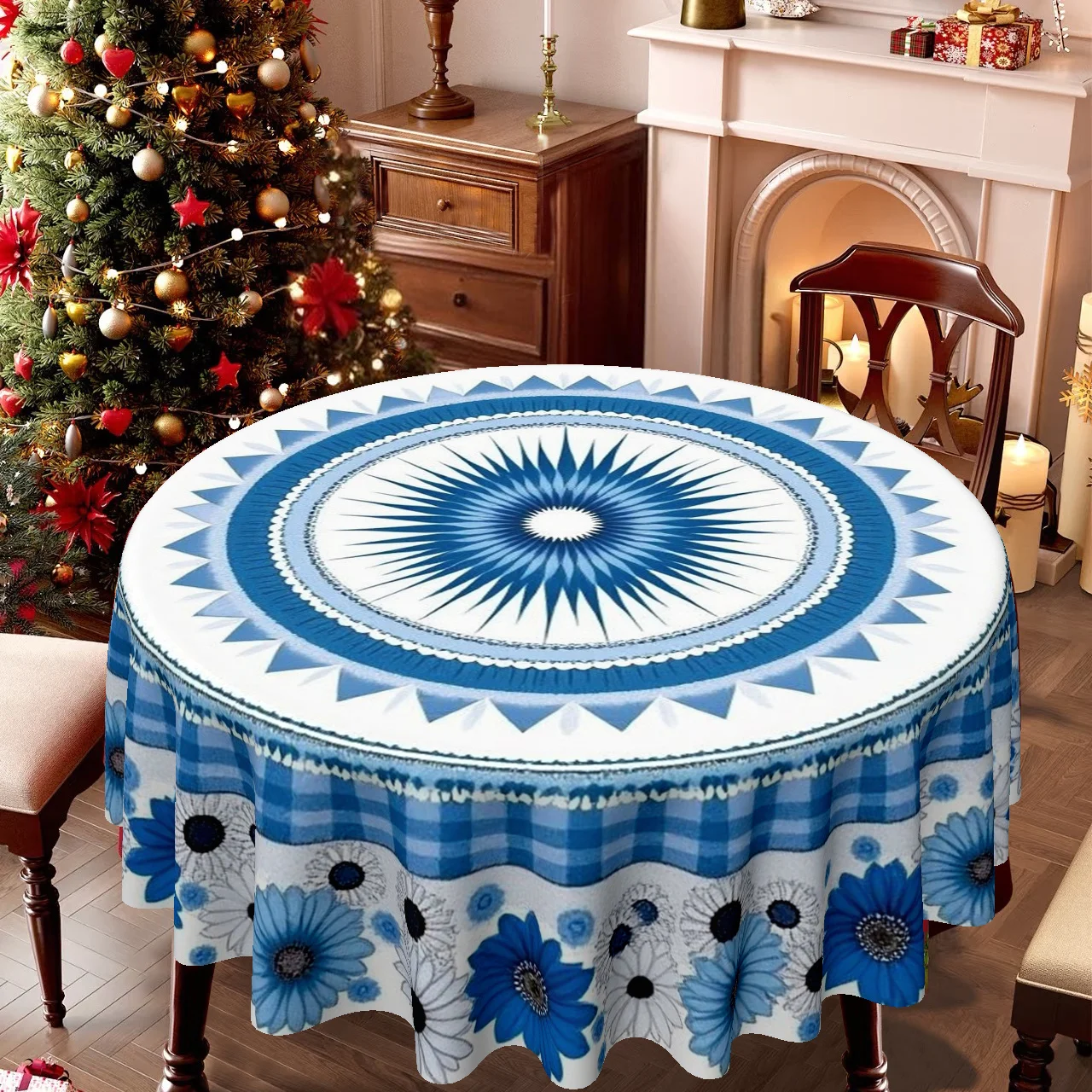 A blue floral and checked tablecloth, perfect for Christmas and Easter celebrations