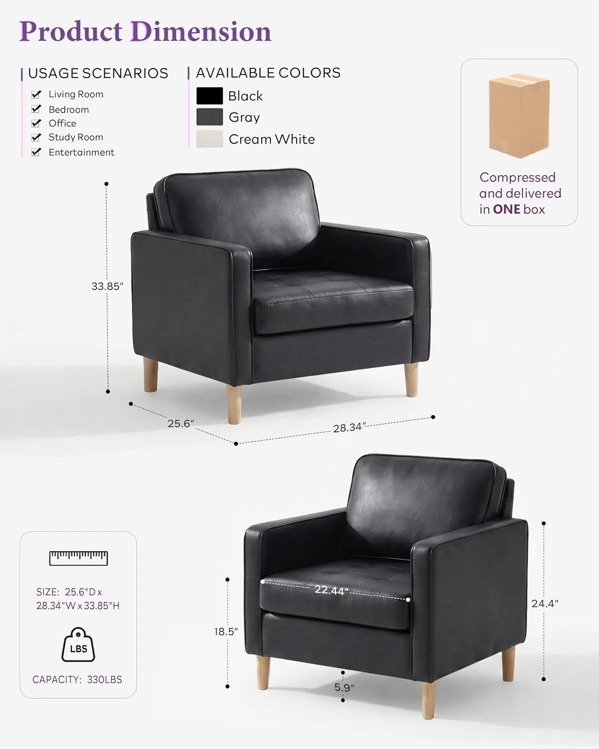 Black Faux Leather Accent Chair Set Armchair Living Room Bedroom Office 2 Pack, Customized