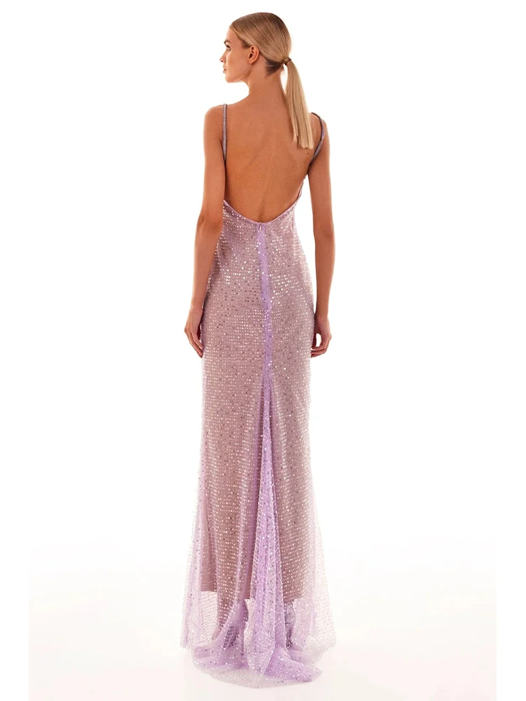 Women's Spaghetti Straps Sequins Mermaid Dress Sexy Backless Sparkling Diamond Chain Slim Maxi Dresses Elegant Celebrity Party