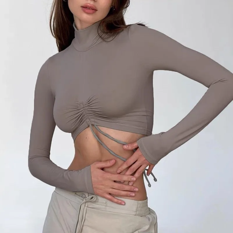 Comfortable Elastic Nude Feeling Long Sleeve Women Drawstring Sexy T-shirt Sports Gym Fitness Workout Breathable Crop Tops