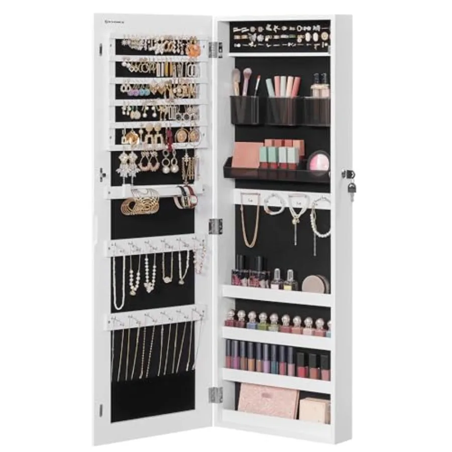

Jewelry Cabinet Armoire Lockable Wall-Mounted Organizer Unit with 2 Plastic Cosmetic Storage Trays Full-Length Frameless Mirror