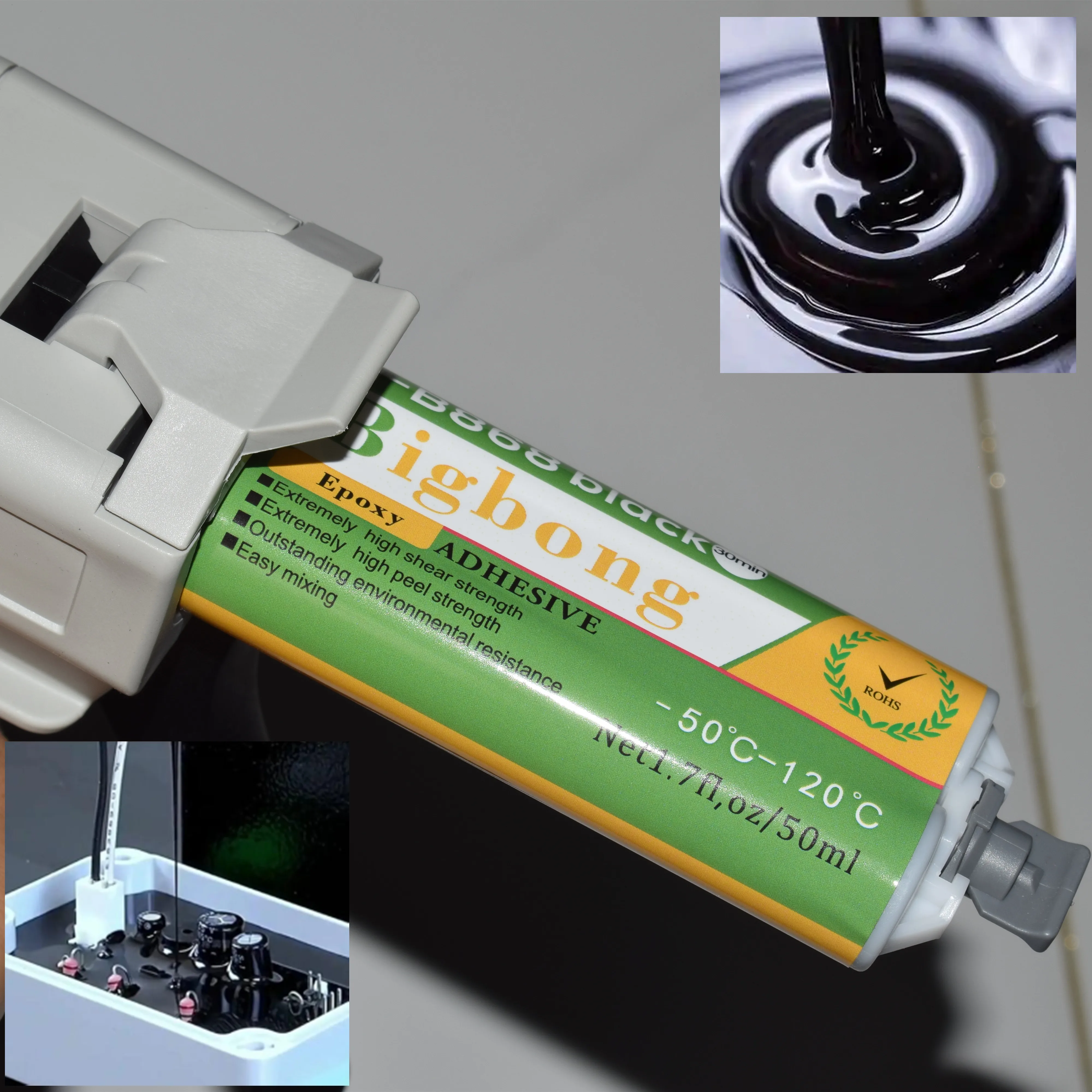 2 Stück 50ml Epoxidharz 1:1 Schwarze AB-Klebstoffe -50 ℃ -120 ℃ Dichtungsklebstoffe & 5 Stück statische Mischdüsen & 50 ml 1:1 Klebepistolen-Spender – Detail 3