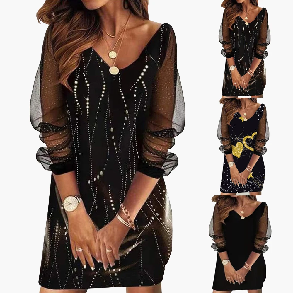 Mini abito con paillettes Nero da donna aderente Clubwear Abiti da sera Manica lunga Corto Slim Fit Scollo a V Mesh Sheer Party