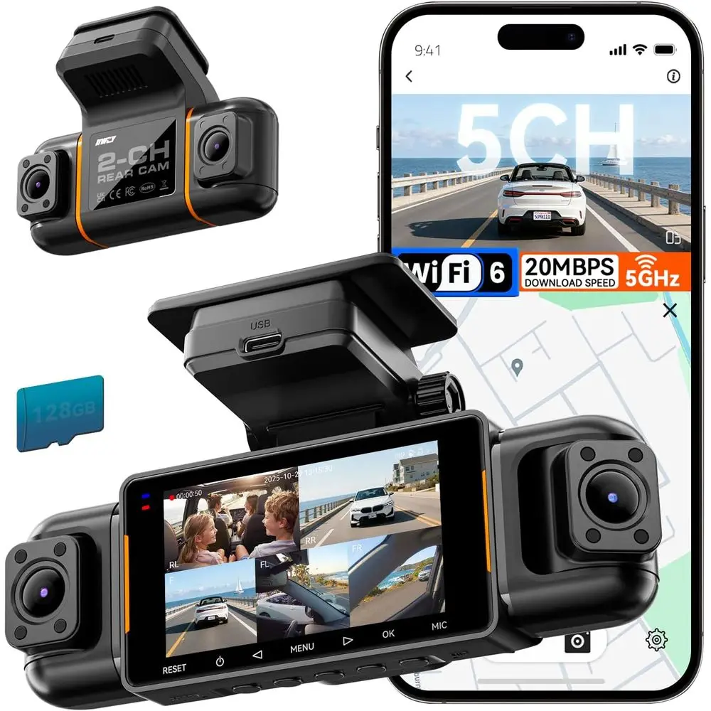 

N9 5 Channel Cam 360° View, 5.8G Wii-6 with App, ree 128GB Card, HD ront & Rear Inside, Let, Right Camera or Car, 12 IR Lights N