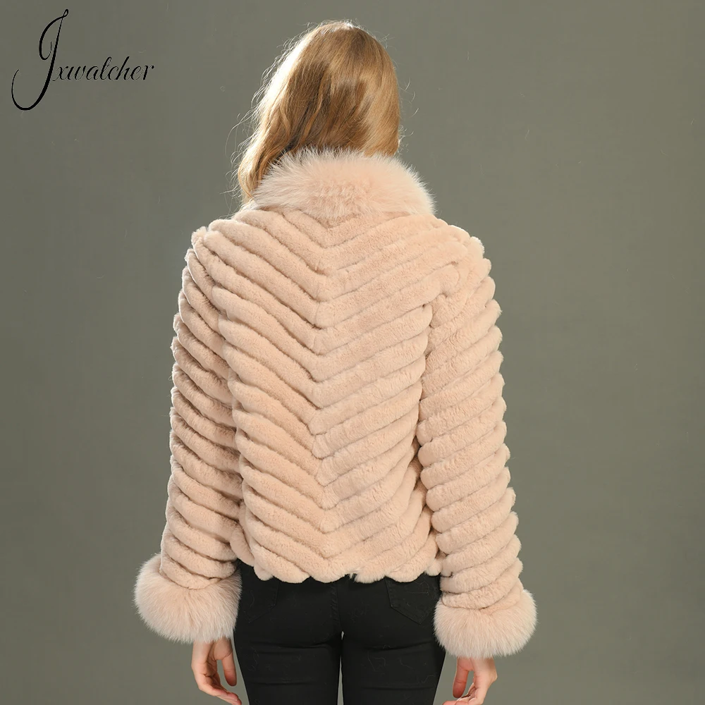 Jxwatcher Natürliche Kaninchen Pelzmantel Für Frauen Winter Mode Reversible Pelz Jacke Mit Echten Fuchs Pelz Damen Luxus Casaco Herbst