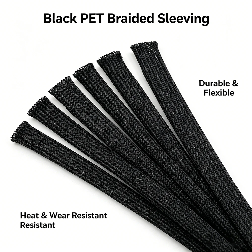 5/10 Meters Flexible PET Braided Sleeving Black ID 2mm~100mm Expandable Insulated Wire Organizer Cable Protection Wrap Sheath