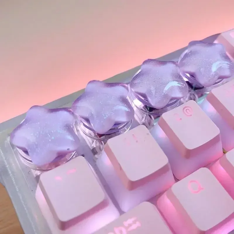 6.Pleasant Star Keycaps, 4Pcs, Clear, Perfect For Girls, Mechanical Keyboard’s Key Covers
