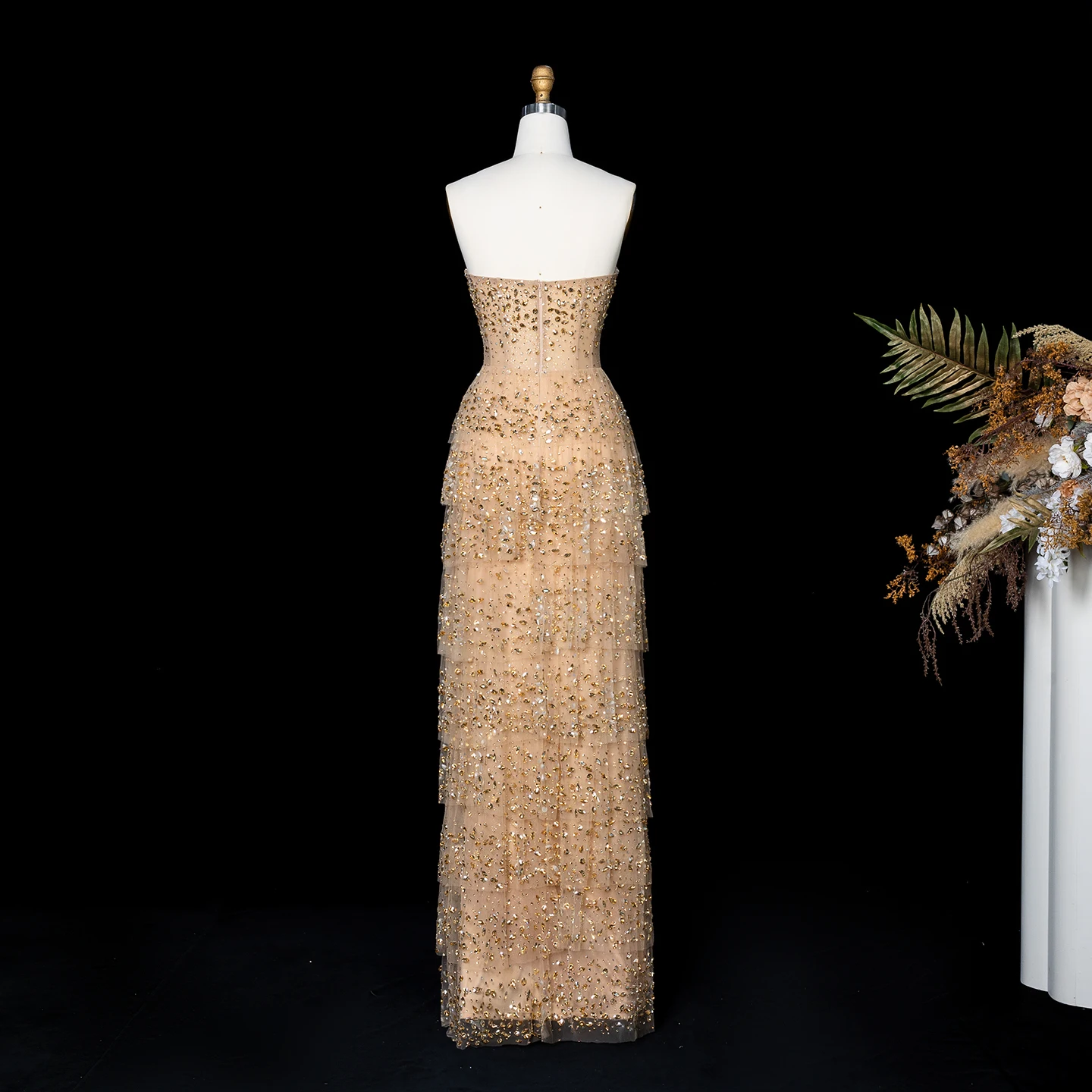 Sharon Said Luxuriöses Champagner-Abendkleid, Kristallverziertes Meerjungfrauenkleid aus Tüll für formelle Anlässe, SS720, Maßanfertigung – Detail 8