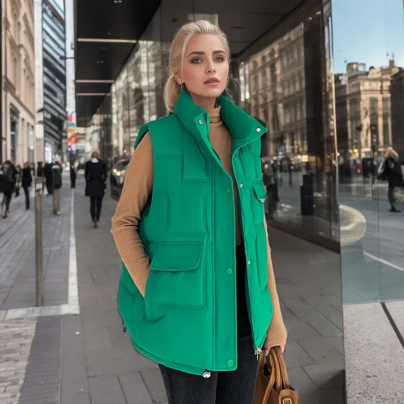 2024 New Autum Down Cotton Vest Women Loose Sleeveless Coats Jackets Winter Female Solid Stand Collar Thickening Warm Vest White
