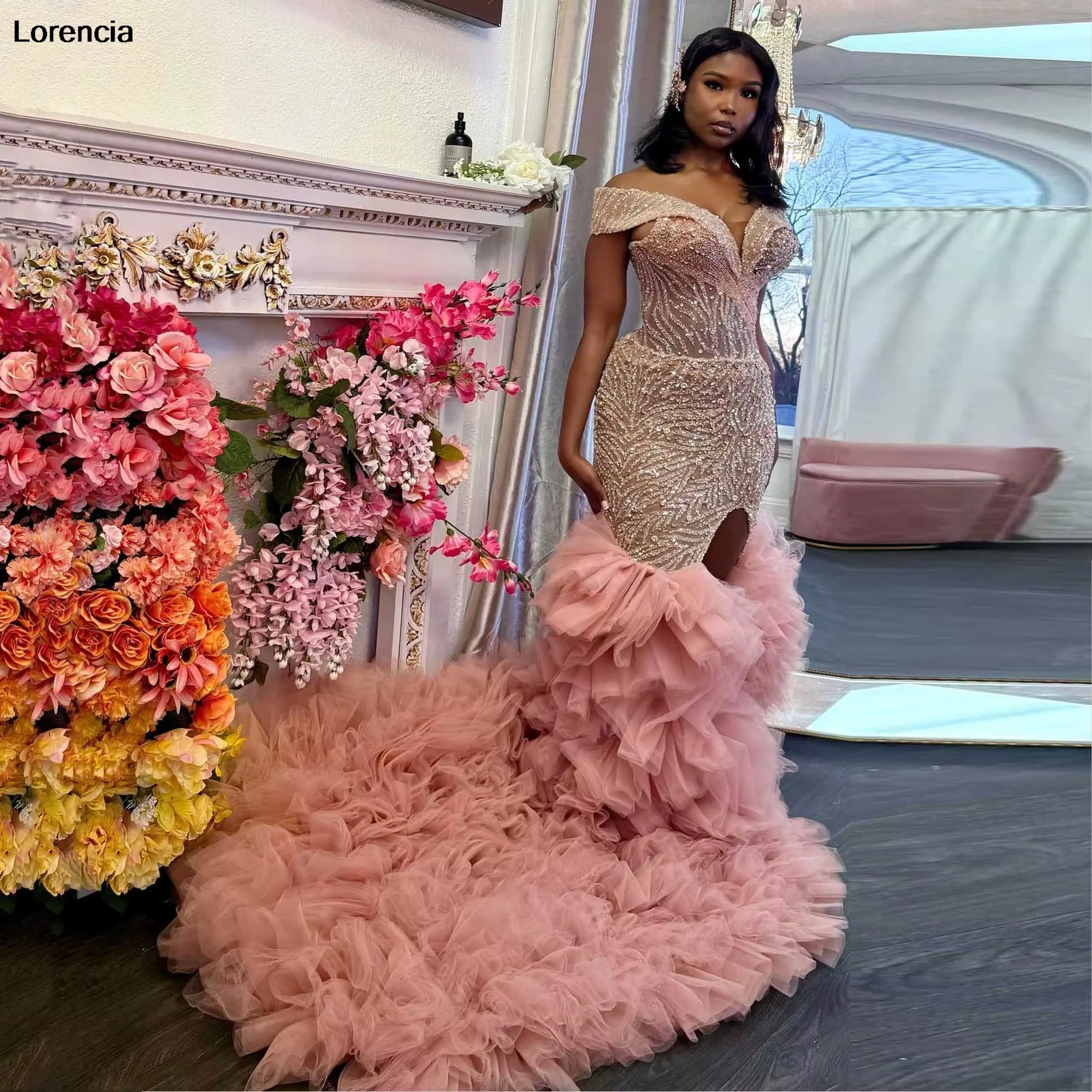 Customized Luxury Beading African Evening Dress Black Girls Birthday Dress Slit Tiered Asoebi Party Gown Robe De Sorrie YPD391