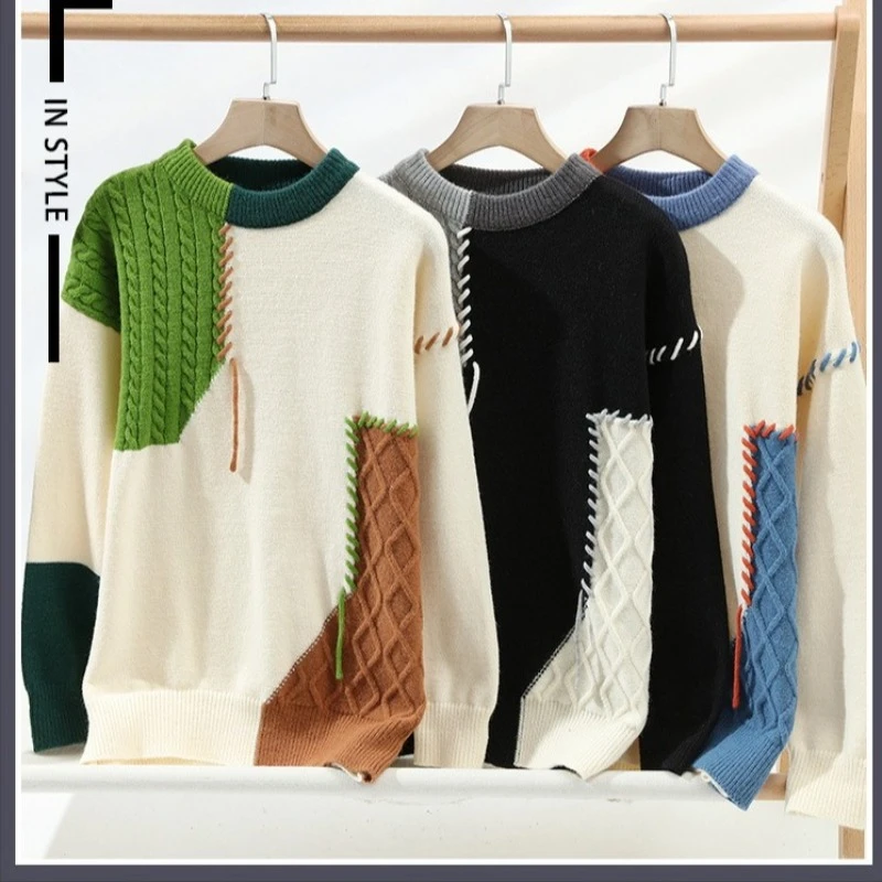 Mens Casual Knitted Sweater Warm Japanese Unisex Patchwork Pullovers Womens Winter Warmth Sweater Lazy Style Crew Neck Pullover