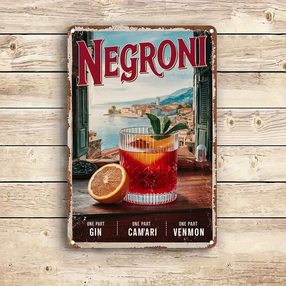 2D Flat Metal Decor with Negroni Recipe Citrus & Venetian Scenery Bar Sign for home, Cafe, Perfect Gift for Drink Enthusiasts