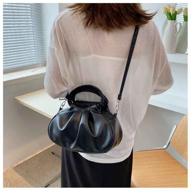 

Retro Women's Pleated Fashion Round Handle Handbag Solid Color Leather Shoulder Crossbody Female Commuting Messenger Bag