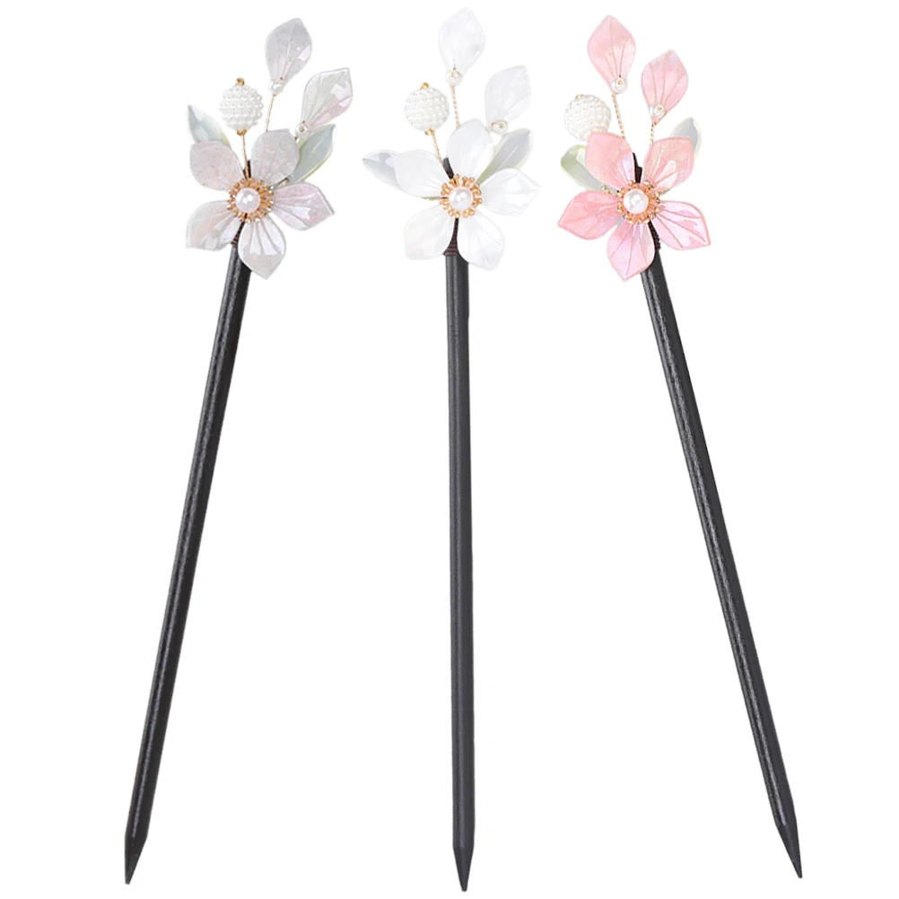 

3 pcs WoodenHairpin VintageFlowerStick WomenDangleBuns Chopsticks Girl WhiteGrayPurpleGold Hanfu Decorative