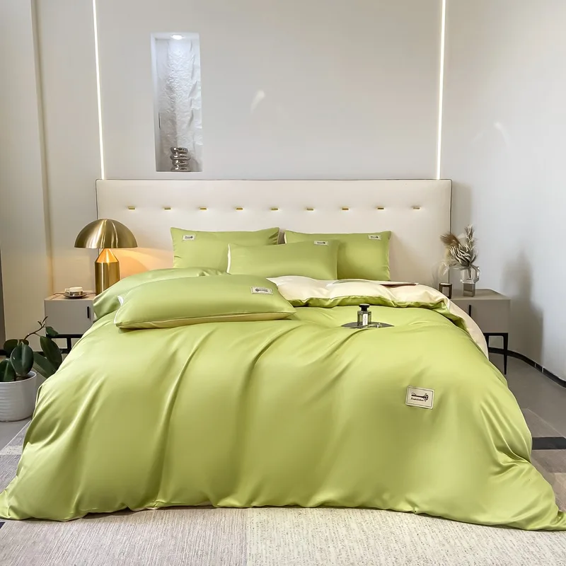 

Nordic wind-washed Tencel solid color four-piece set spring and summer simple ice silk bed sheet quilt cover