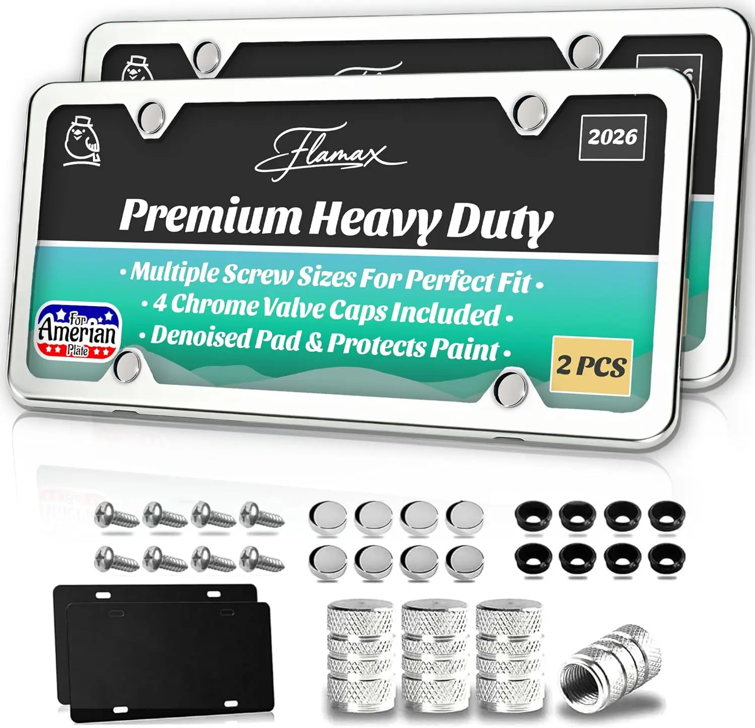 

Premium Chrome License Plate Frames with Anti-Scratch Pads & Tire Valve Caps, Heavy Duty 304 Stainless Steel, Universal Fit for