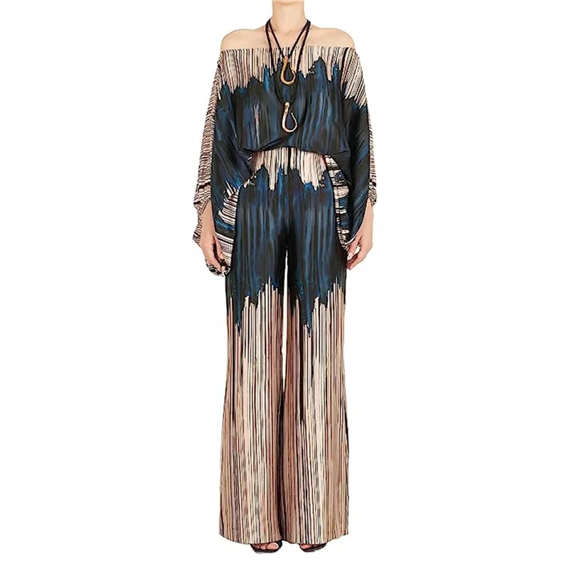 ABVG-Womens Fall Loose 2 Piece Outfits Off Shoulder Printed Long Sleeve Casual Wide Leg Pants Set