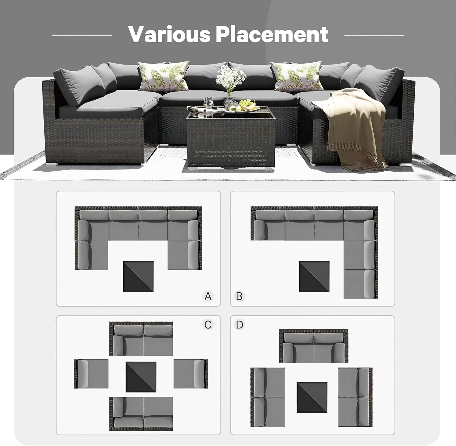 Mobiliário de vime secional ao ar livre do Rattan Conjunto com Almofada e Mesa De Vidro, Conjuntos De Conversação Do Pátio, 7 Pcs