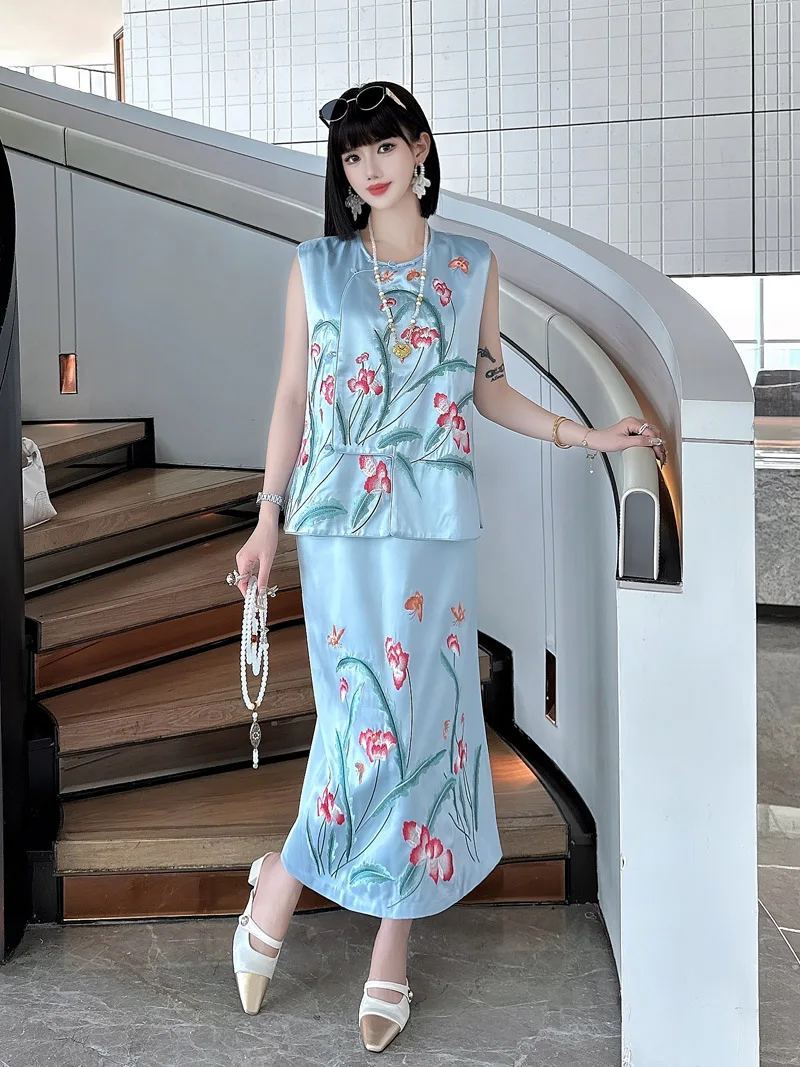 Chinese Style Fashion Women's Spring/Summer Retro Embroidery Single Breasted Vest Top+ Skirt Acetate Two Piece Set S-XXL