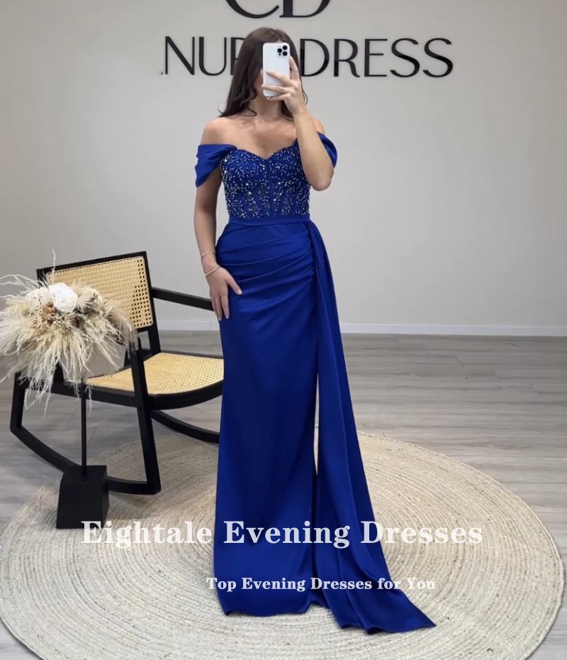 Eightale Royal Blue Evening dress for women Customized Off Shoulder Beaded Satin Prom Party Gown Wedding sukienki na studniówkę