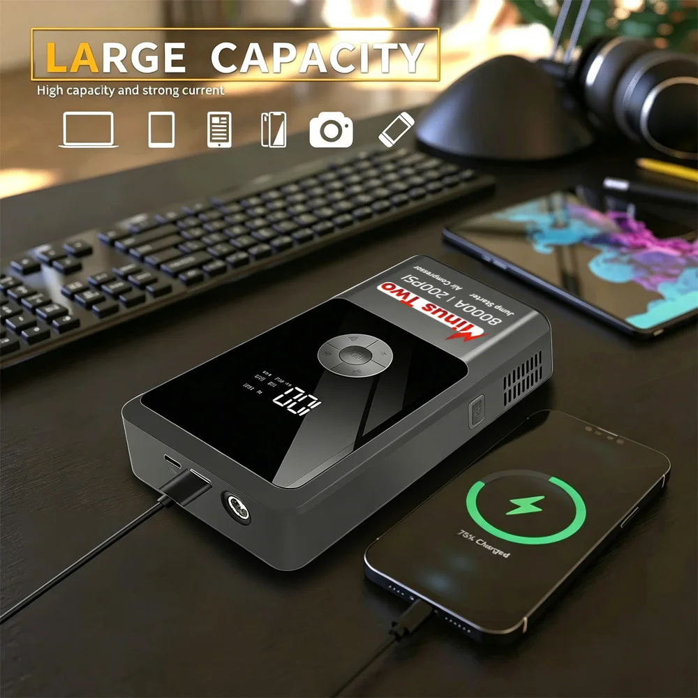 Digital Display Smart Jump Starter & Air Pump Combo, Portable 12V Tire Inflator, Emergency Car Booster Starter for Petrol Diesel view 4