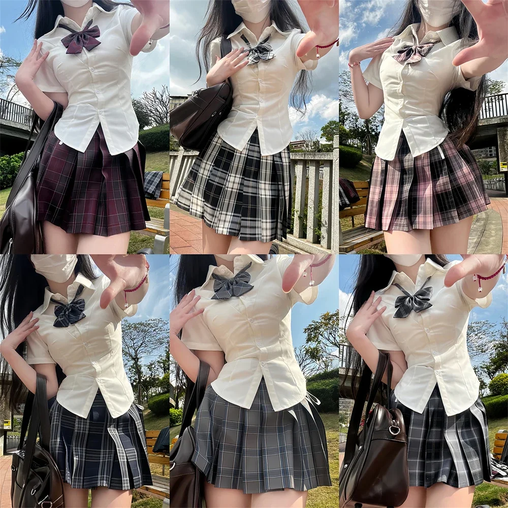 Japanese School Uniform Girl Jk Shirt 3Pc Set Various Styles Long&short Sleeve Plaid Pleated Skirt with Bow Graduation Costumes