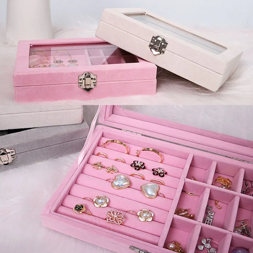 Velvet Pink Carrying Case with Glass Cover Jewelry Ring Display Box Tray Holder Storage Box Organizer Earrings Ring Bracelet