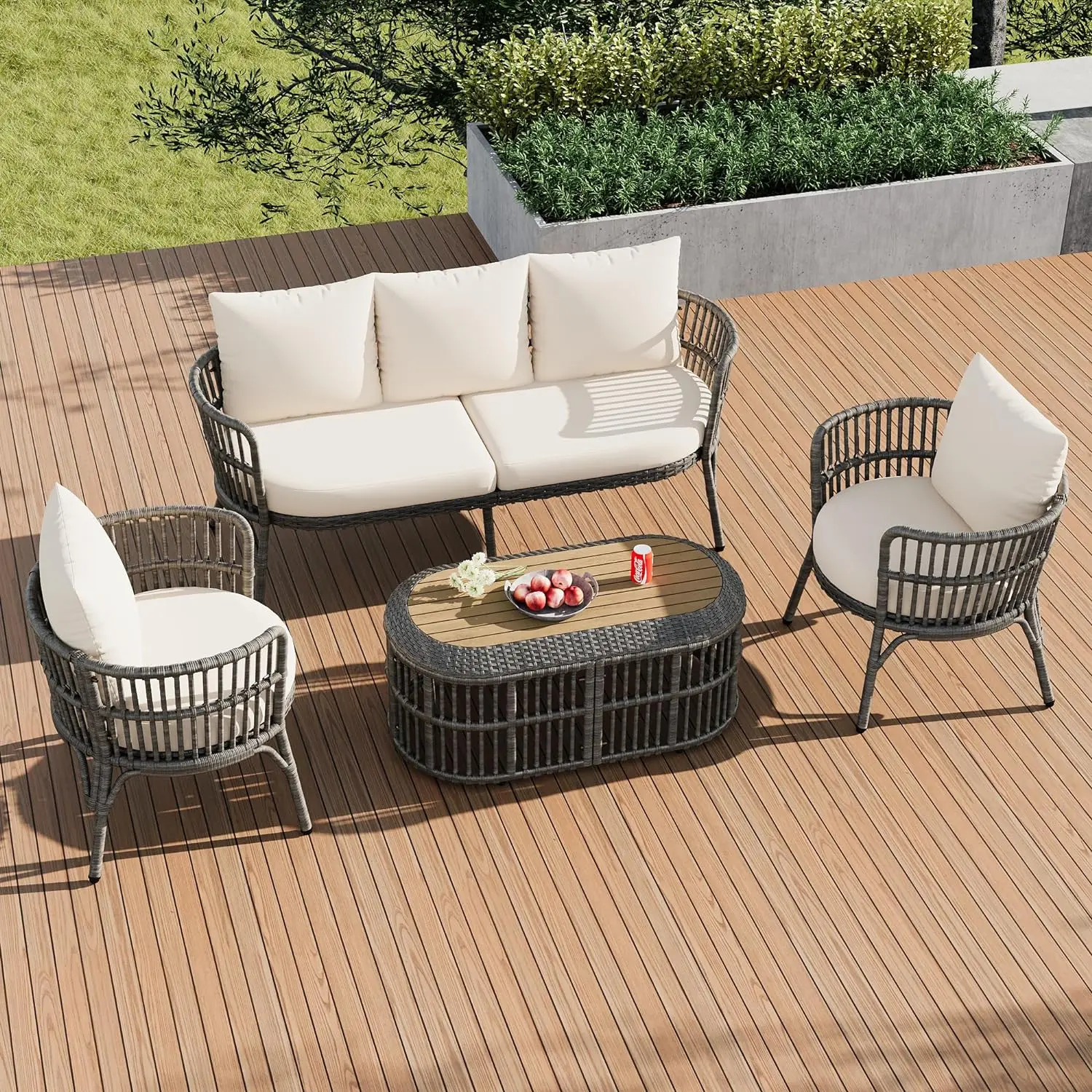 

Rattan Patio Conversation Three Seating, Chairs, Coffee Table, Four Cushions and Five Pillows for Person, Outdoor Sectional