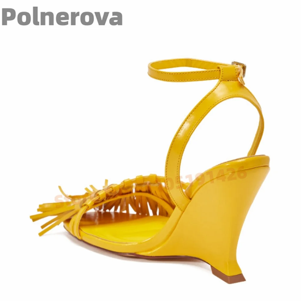 

Yellow Wedges Heels Tassels Sandals Open Toe Clip Toe Ankle Straps Buckle Fringe Solid Leather Summer Sexy Dress Lady Shoes