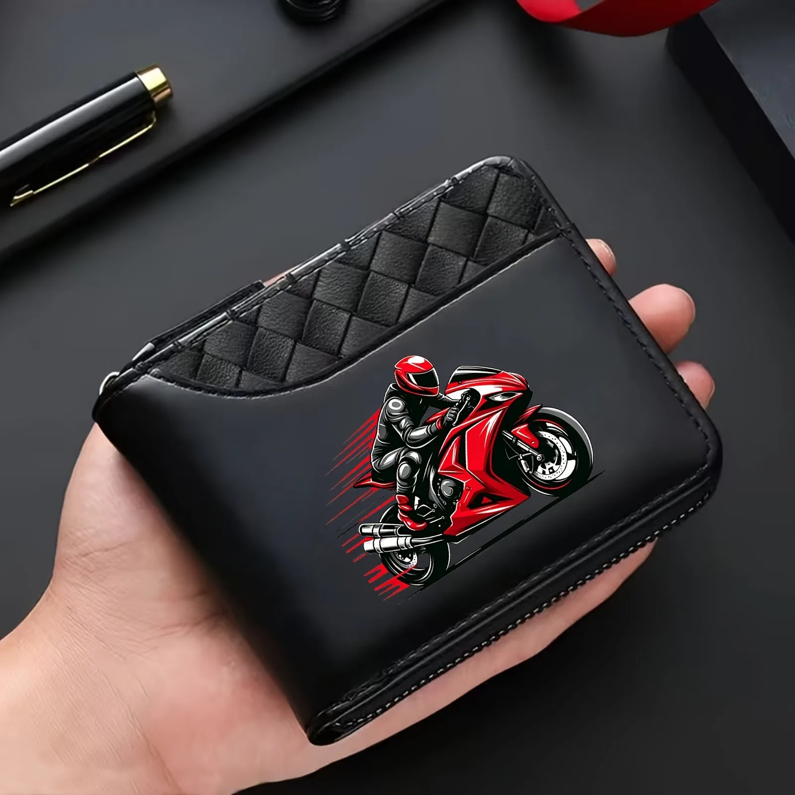 Porte-monnaie rouge cool pour homme avec motif de motard - Portefeuille portable pour pièces de monnaie et porte-cartes avec fermeture éclair pour usage quotidien/cadeau