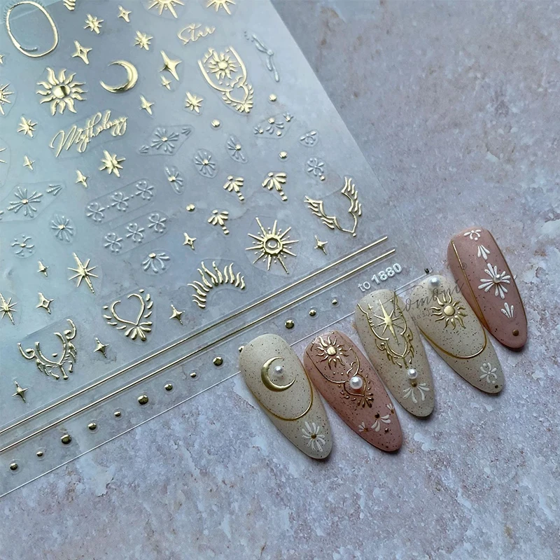 3D Bronzing Silver Nail Art Sticker 8*10CM Laser Bohemia Star Moon Sun Nail Decals Self-Adhesive Silver Manicure Slider NKW-52T